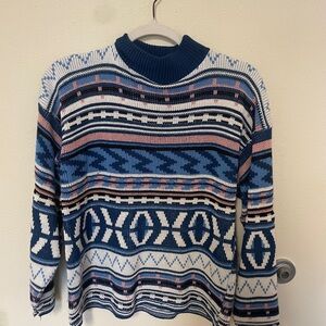 Vintage Croquet Club Blue and White Patterned Women's Sweater